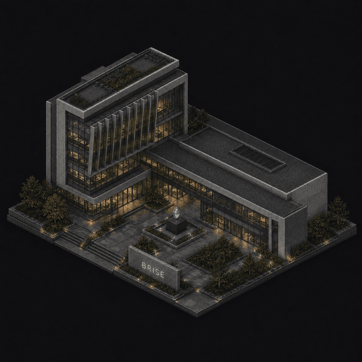 Isometric pixel-art headquarters of Brise