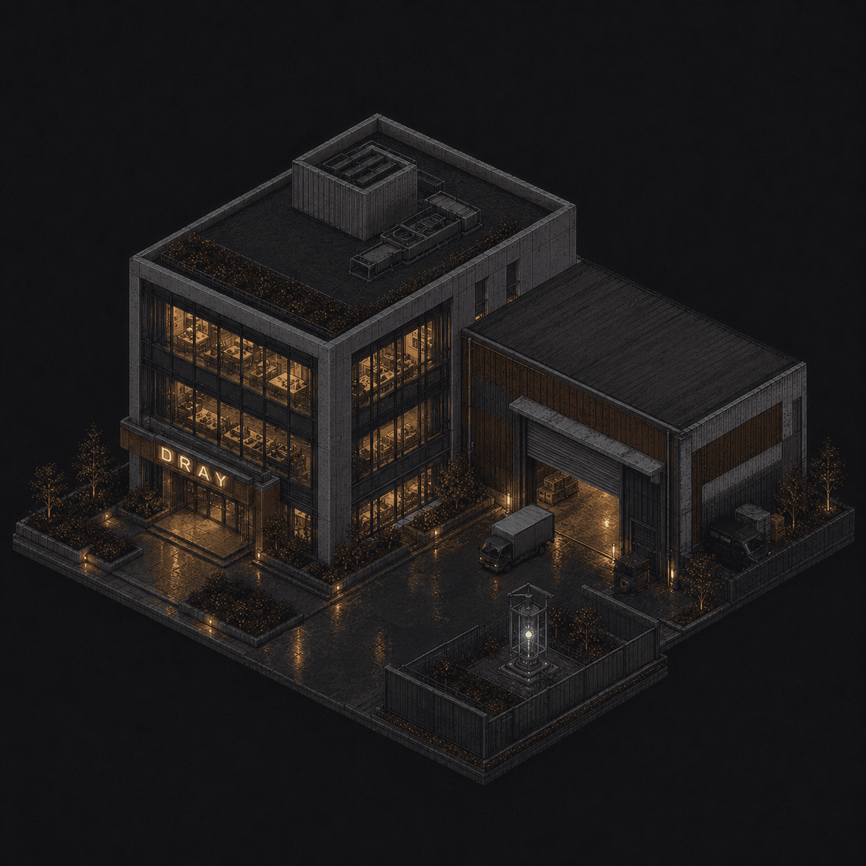 Isometric pixel-art headquarters of Dray