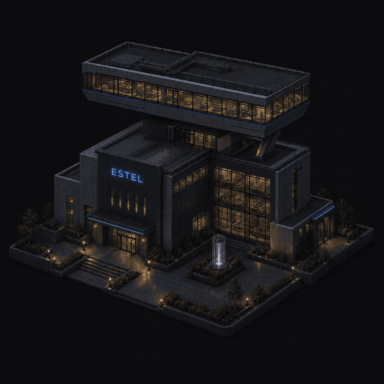 Isometric pixel-art headquarters of Estel