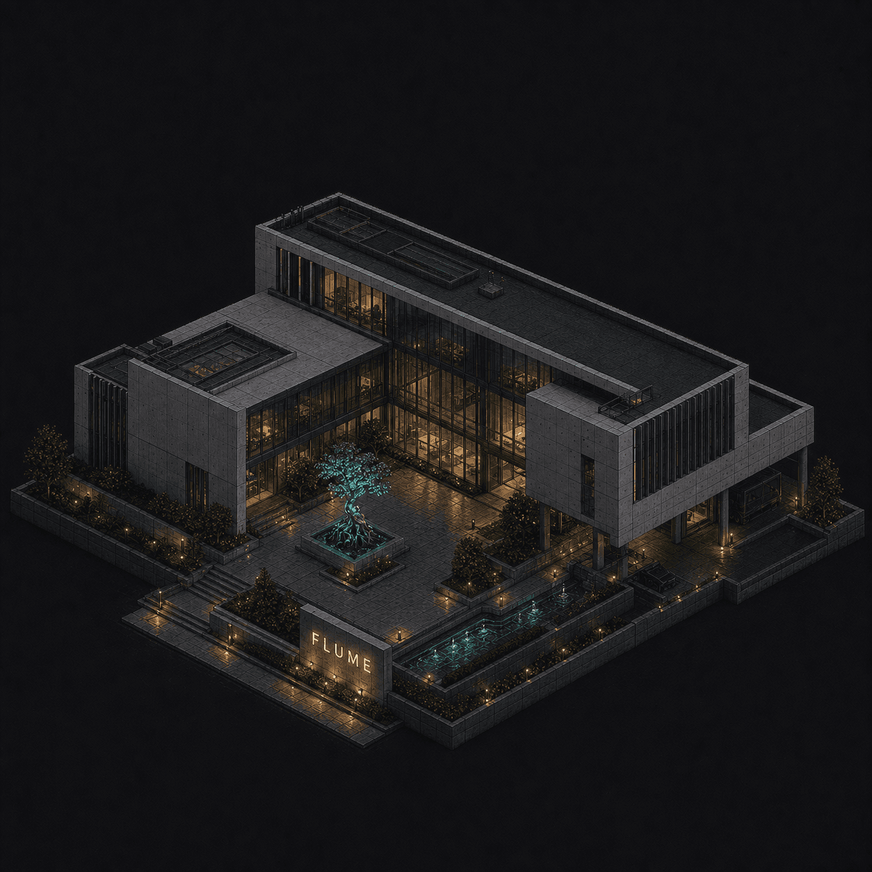 Isometric pixel-art headquarters of Flume