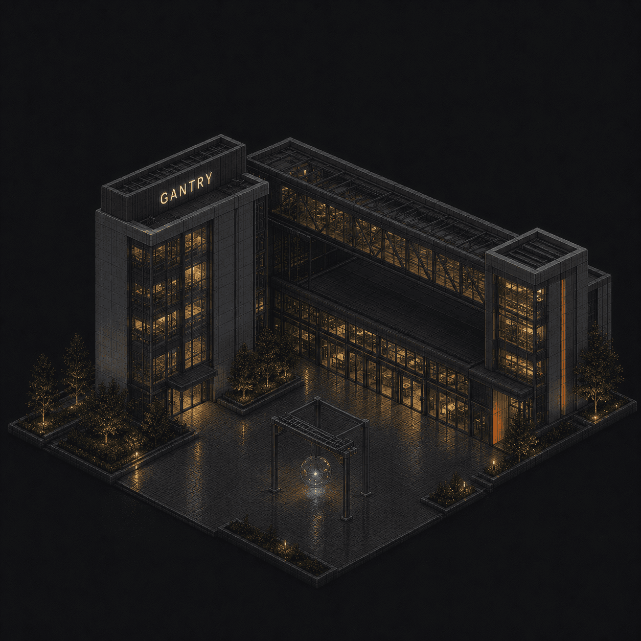 Isometric pixel-art headquarters of Gantry