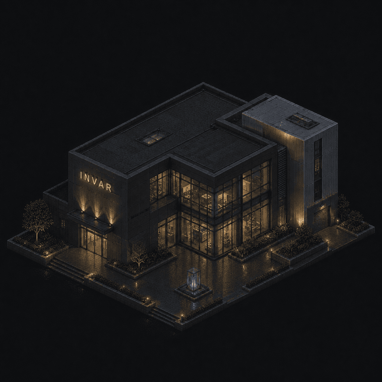 Isometric pixel-art headquarters of Invar