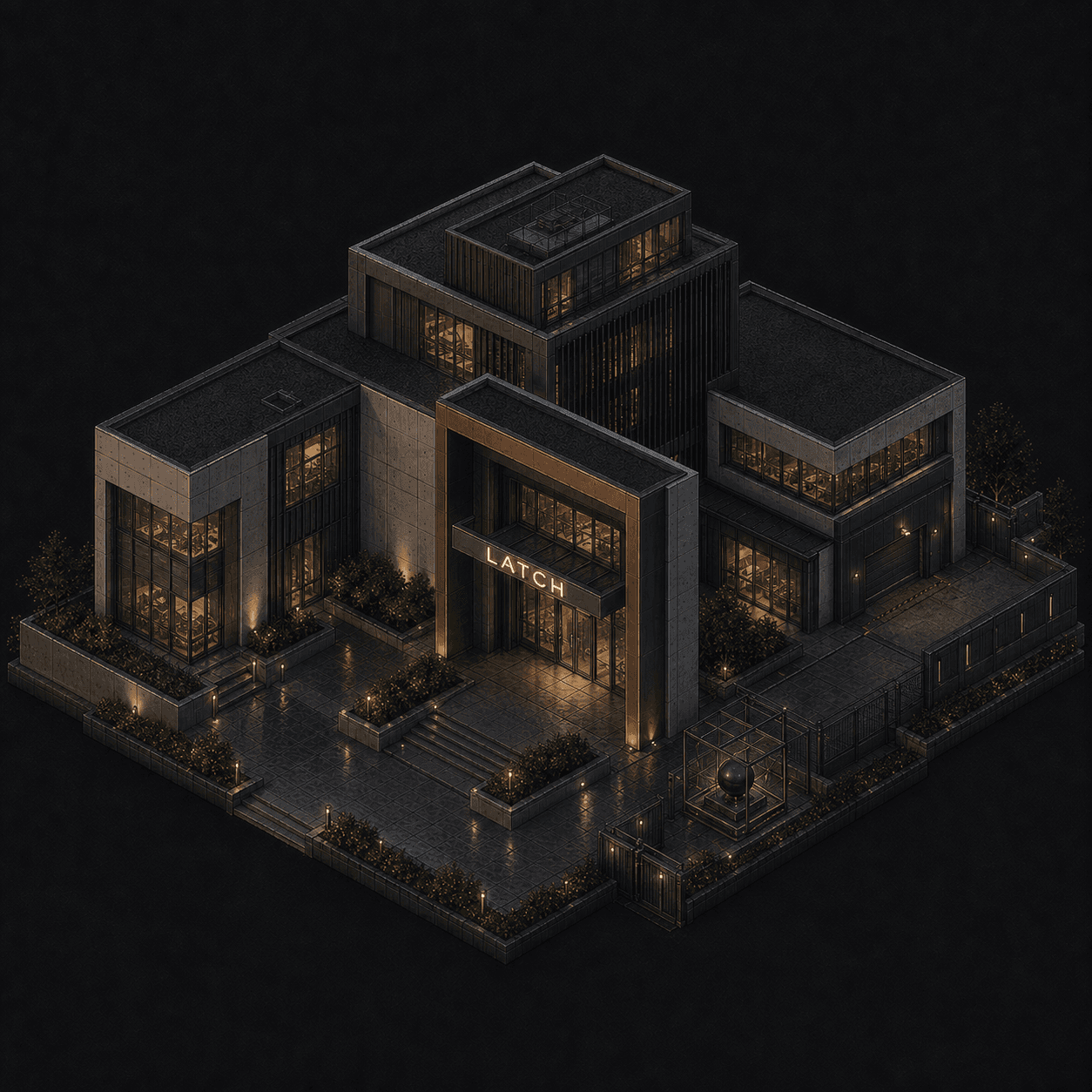 Isometric pixel-art headquarters of Latch