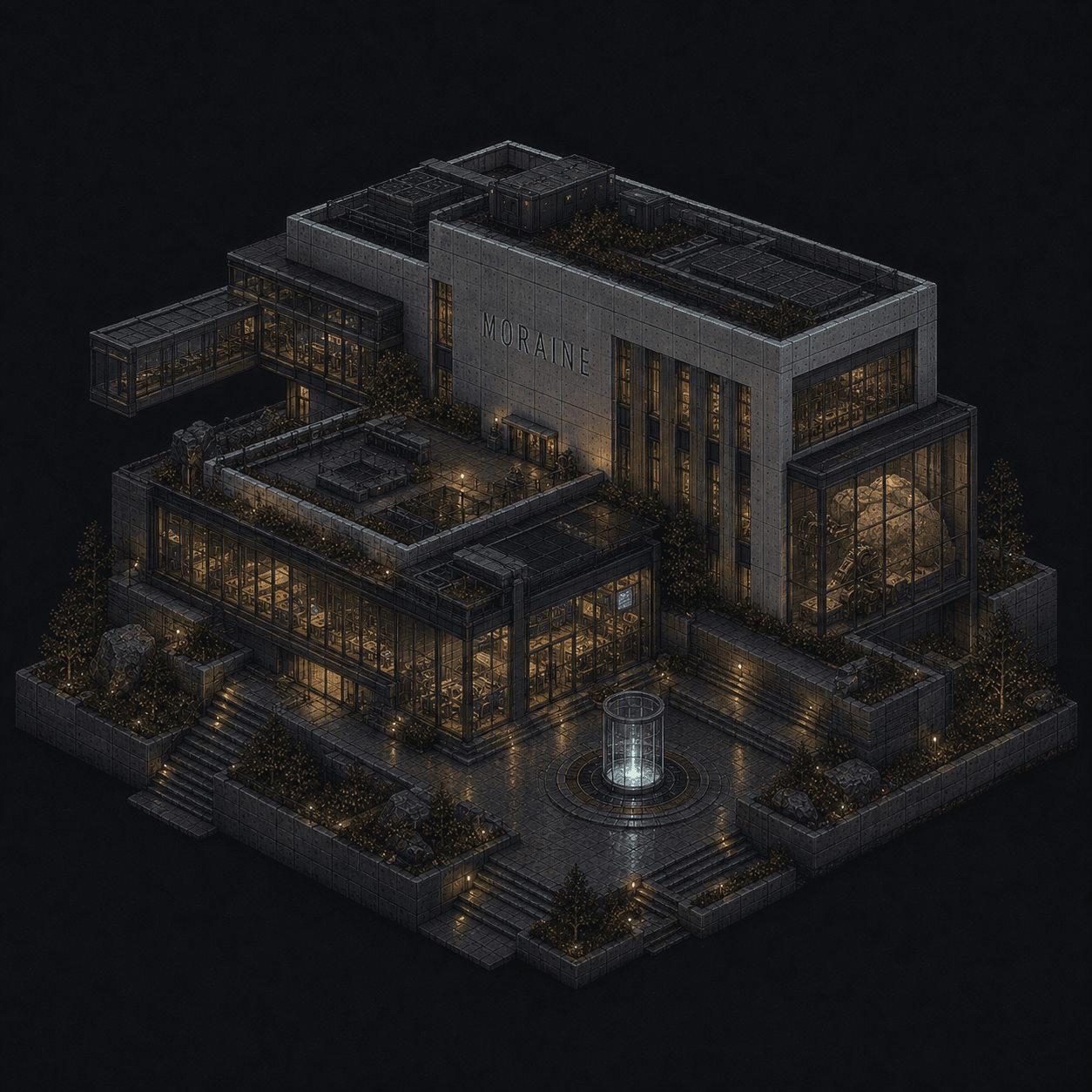 Isometric pixel-art headquarters of Moraine