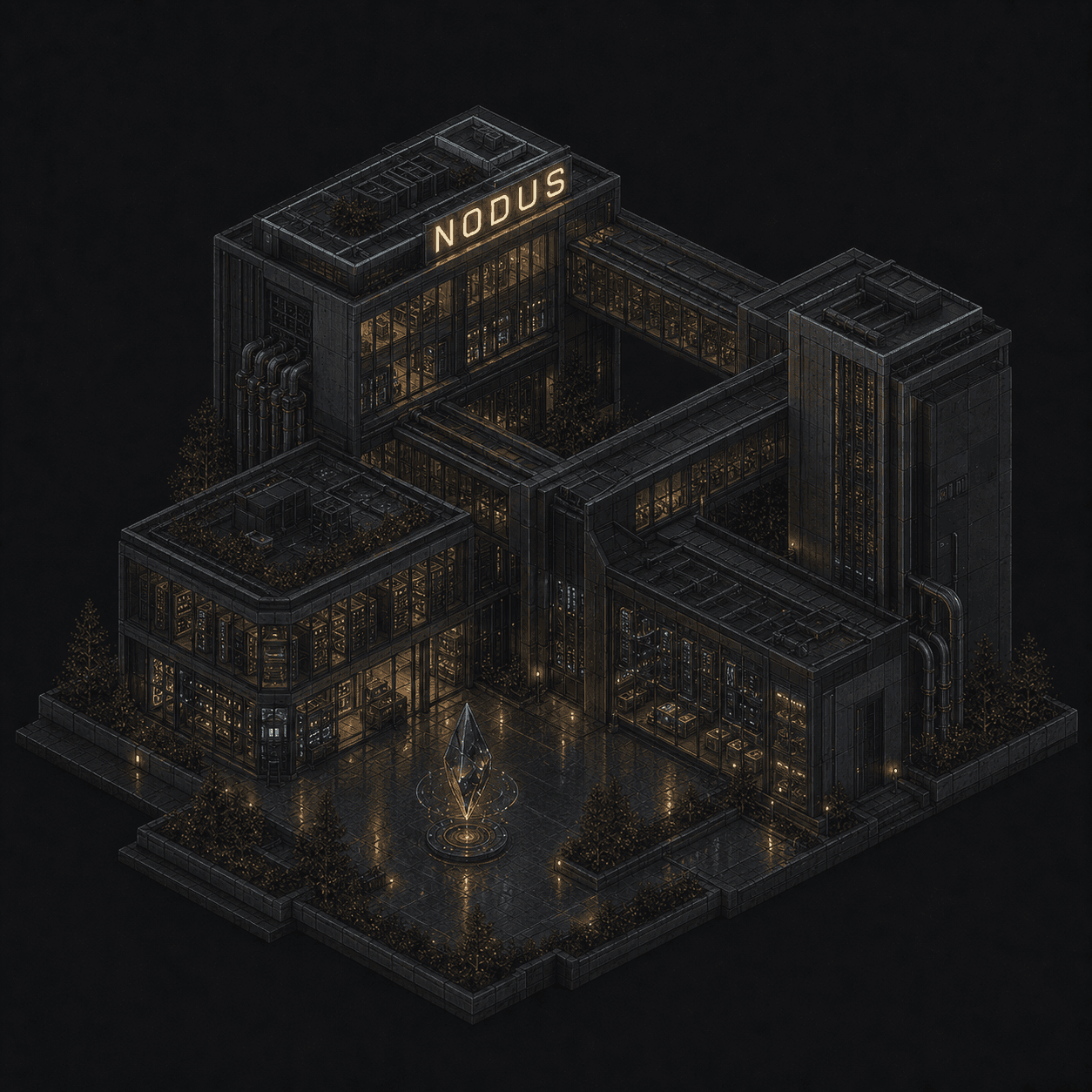 Isometric pixel-art headquarters of Nodus