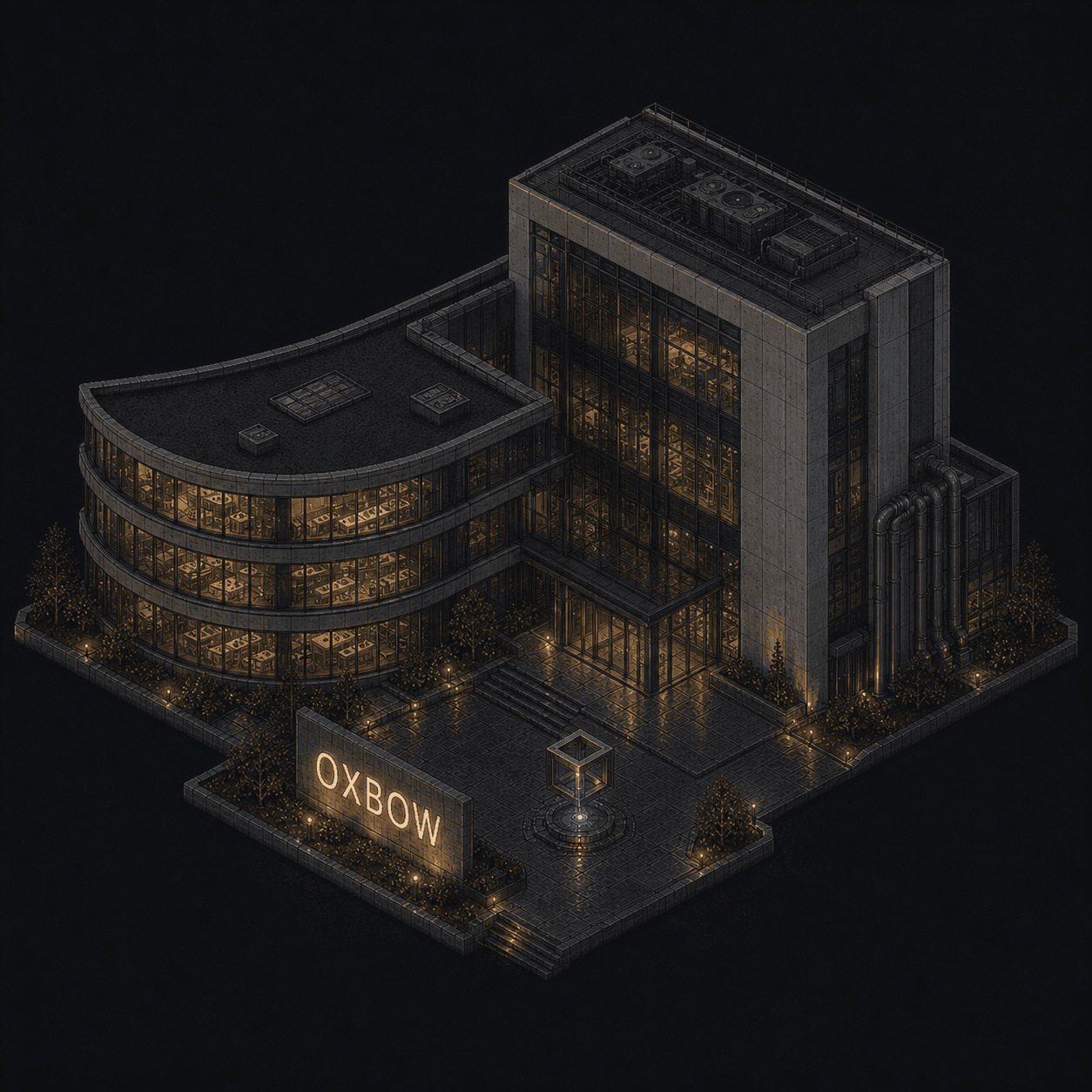 Isometric pixel-art headquarters of Oxbow