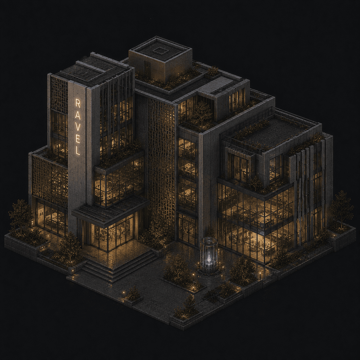 Isometric pixel-art headquarters of Ravel