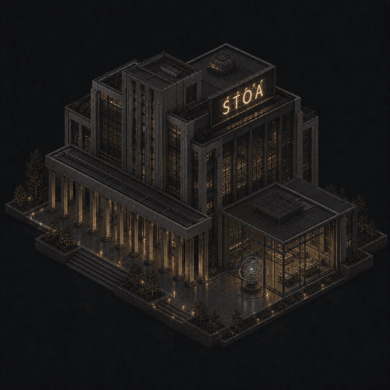 Isometric pixel-art headquarters of Stoa