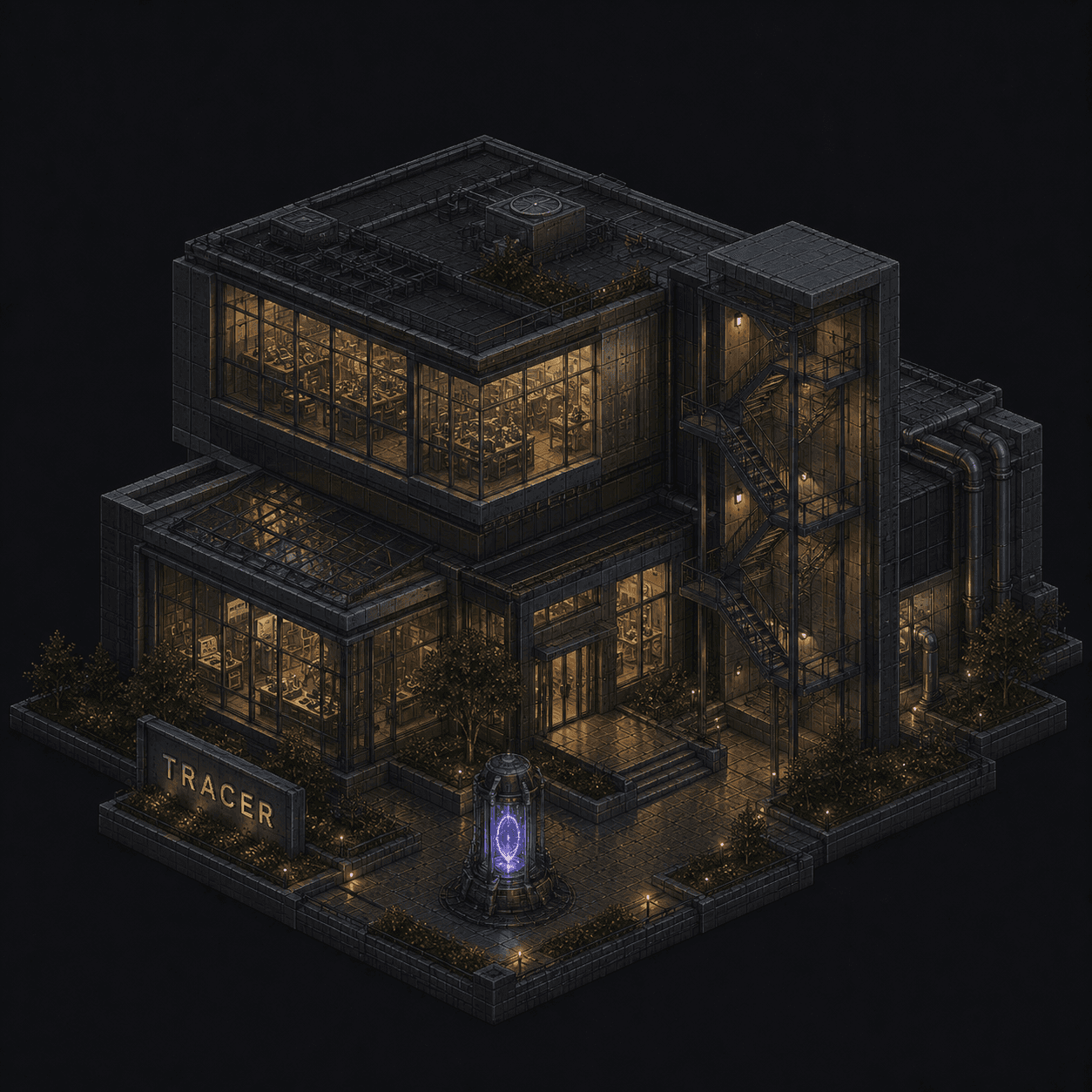 Isometric pixel-art headquarters of Tracer