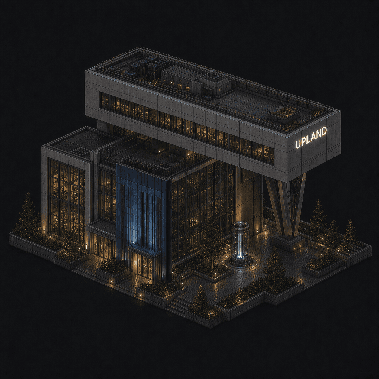 Isometric pixel-art headquarters of Upland