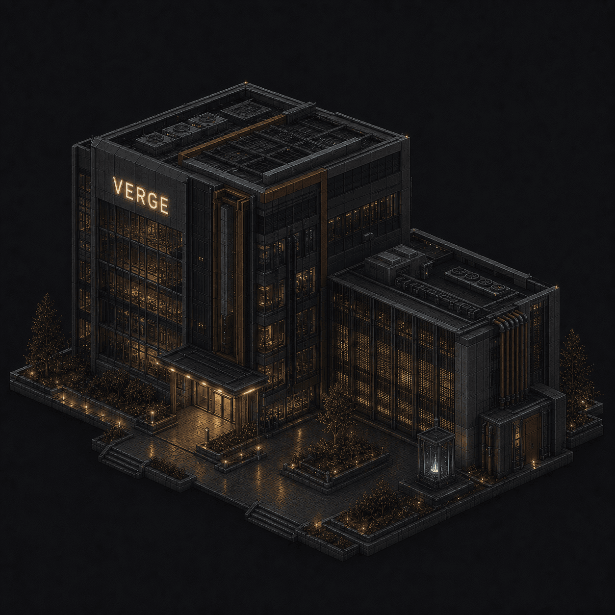 Isometric pixel-art headquarters of Verge