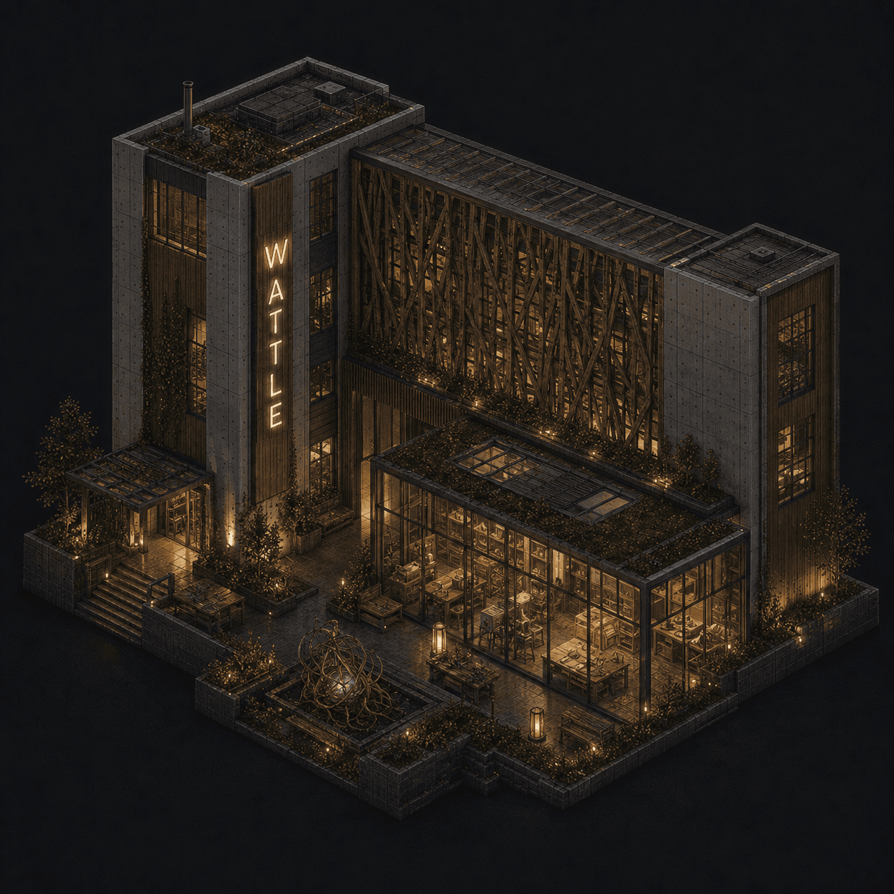 Isometric pixel-art headquarters of Wattle