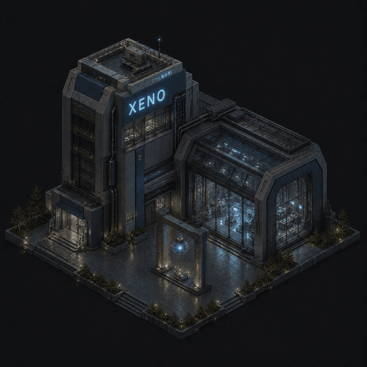Isometric pixel-art headquarters of Xeno