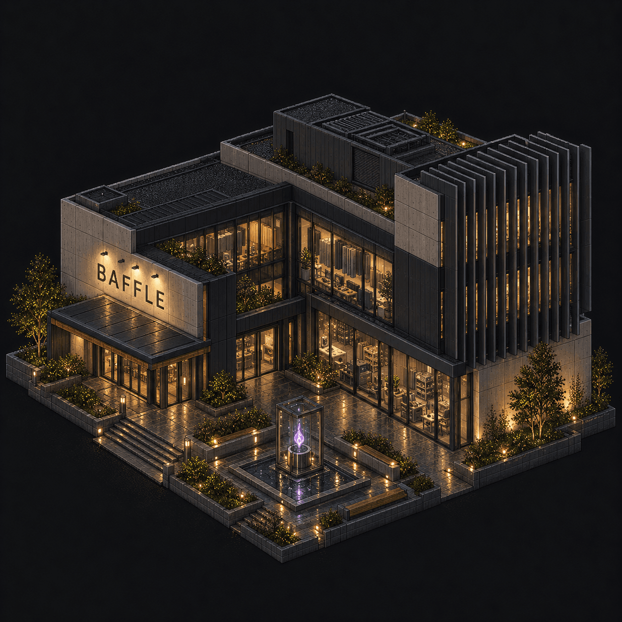Isometric pixel-art headquarters of Baffle