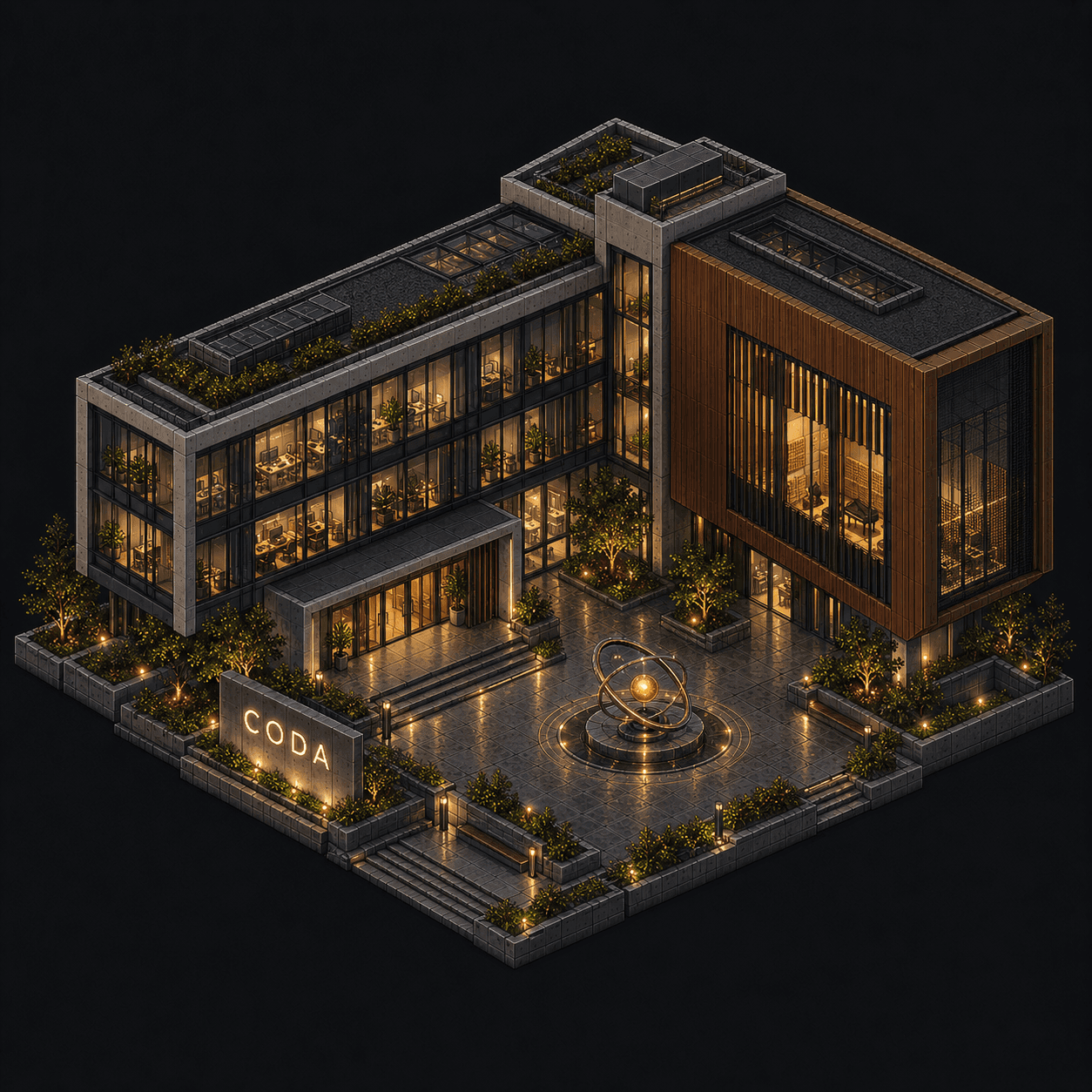 Isometric pixel-art headquarters of Coda