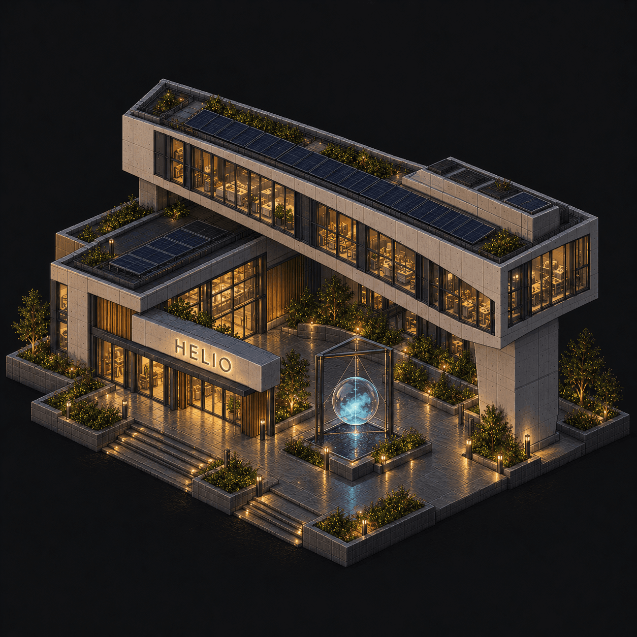 Isometric pixel-art headquarters of Helio