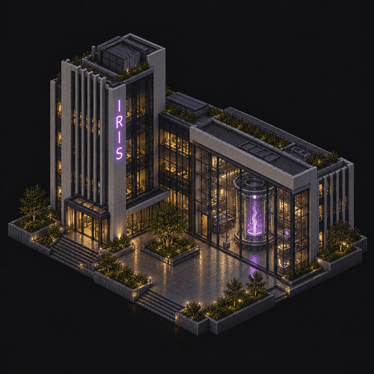 Isometric pixel-art headquarters of Iris