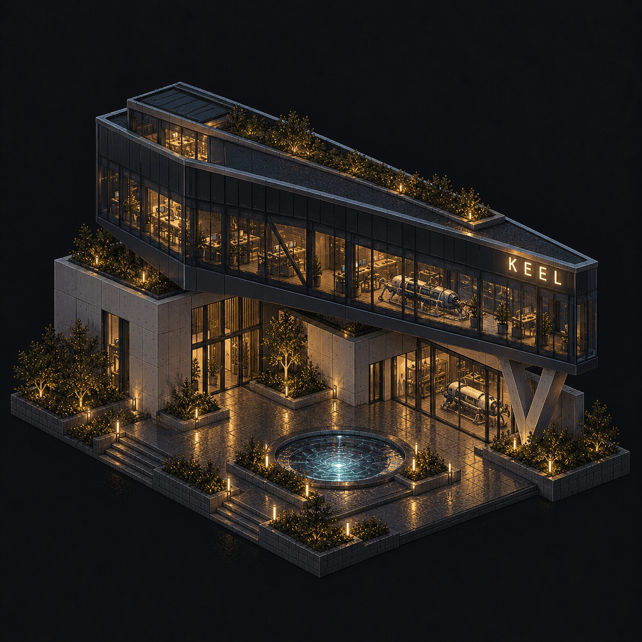 Isometric pixel-art headquarters of Keel