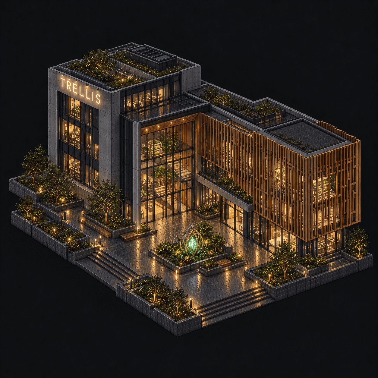 Isometric pixel-art headquarters of Trellis