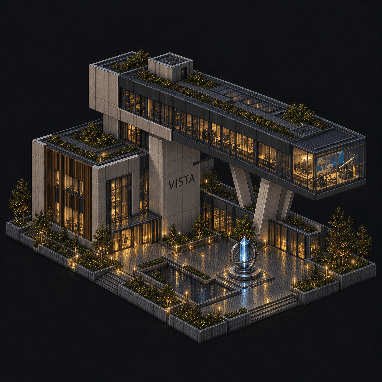 Isometric pixel-art headquarters of Vista