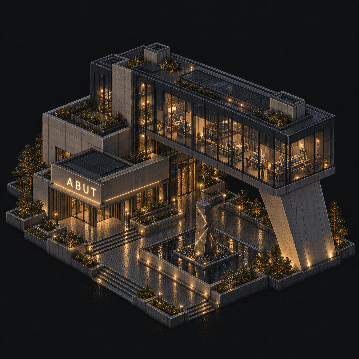 Isometric pixel-art headquarters of Abut