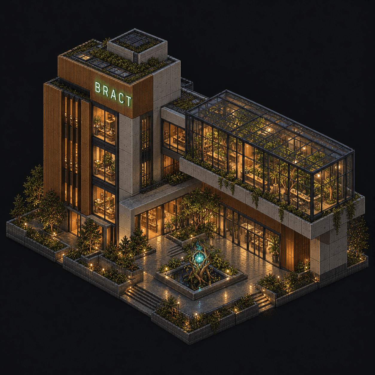 Isometric pixel-art headquarters of Bract
