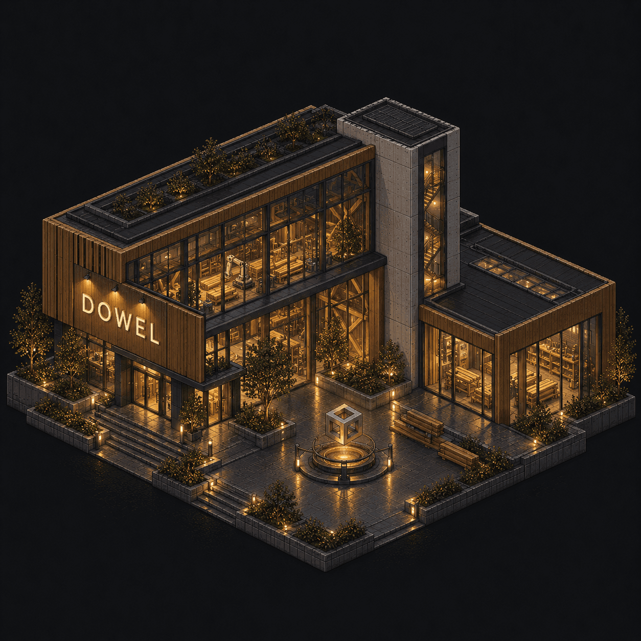 Isometric pixel-art headquarters of Dowel