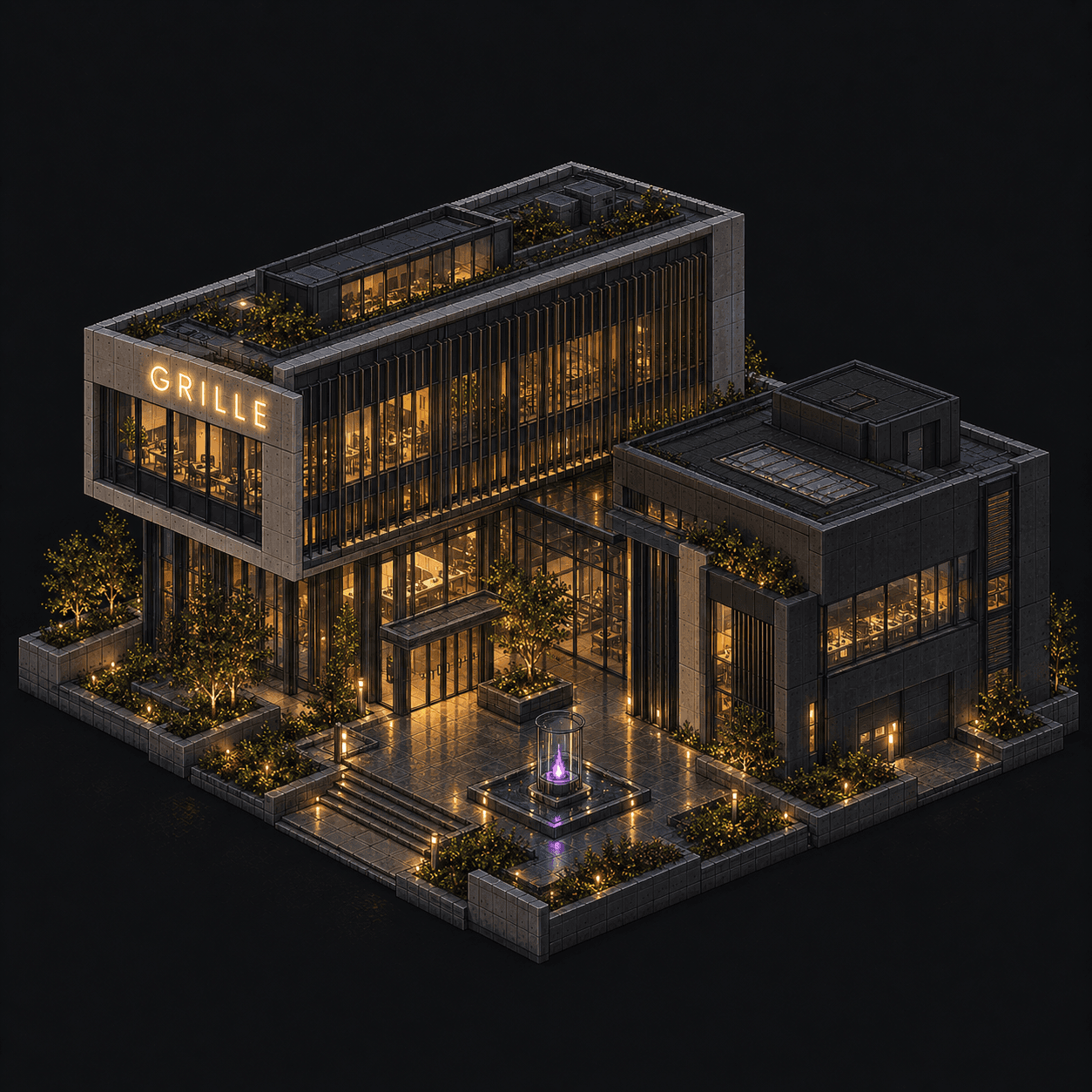 Isometric pixel-art headquarters of Grille
