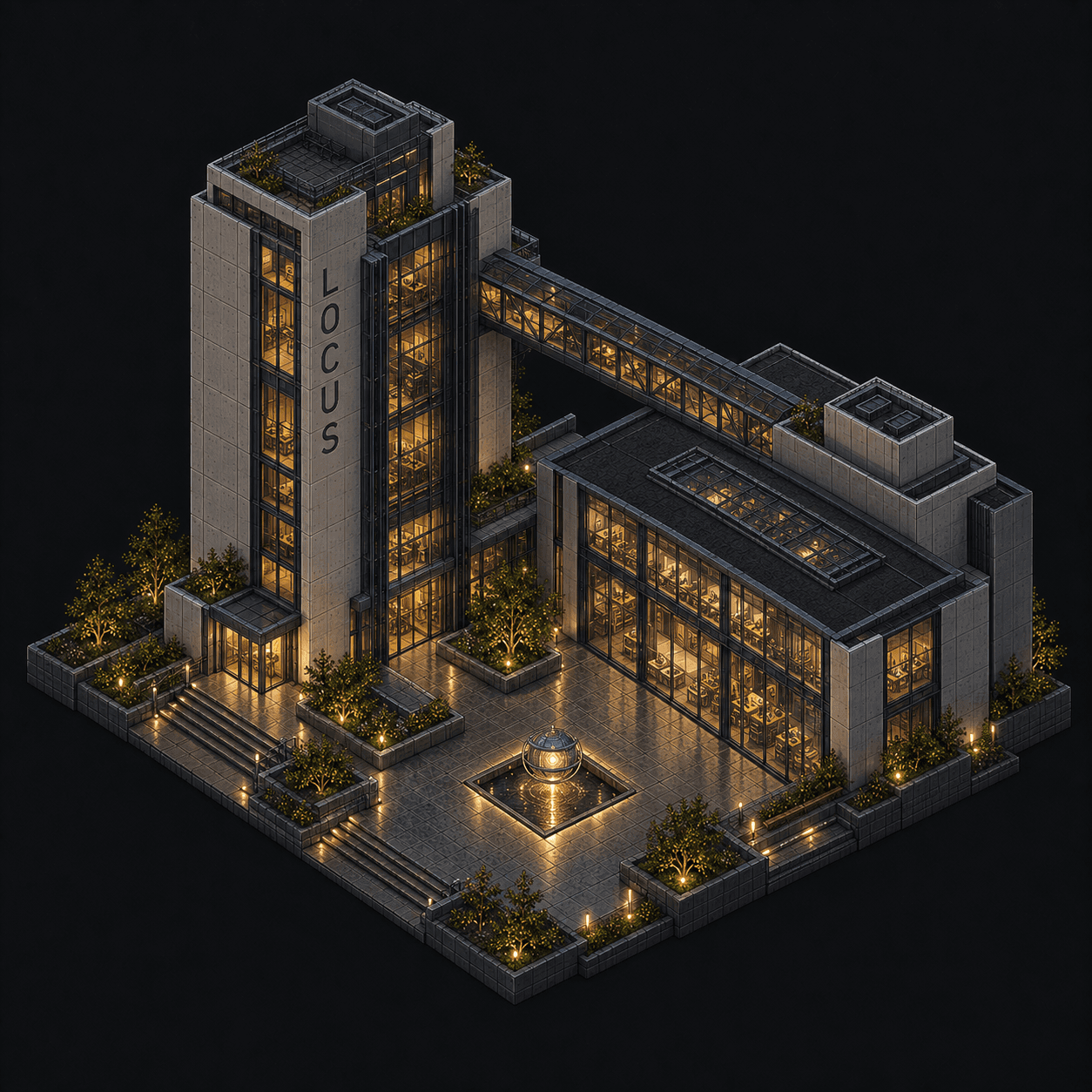 Isometric pixel-art headquarters of Locus
