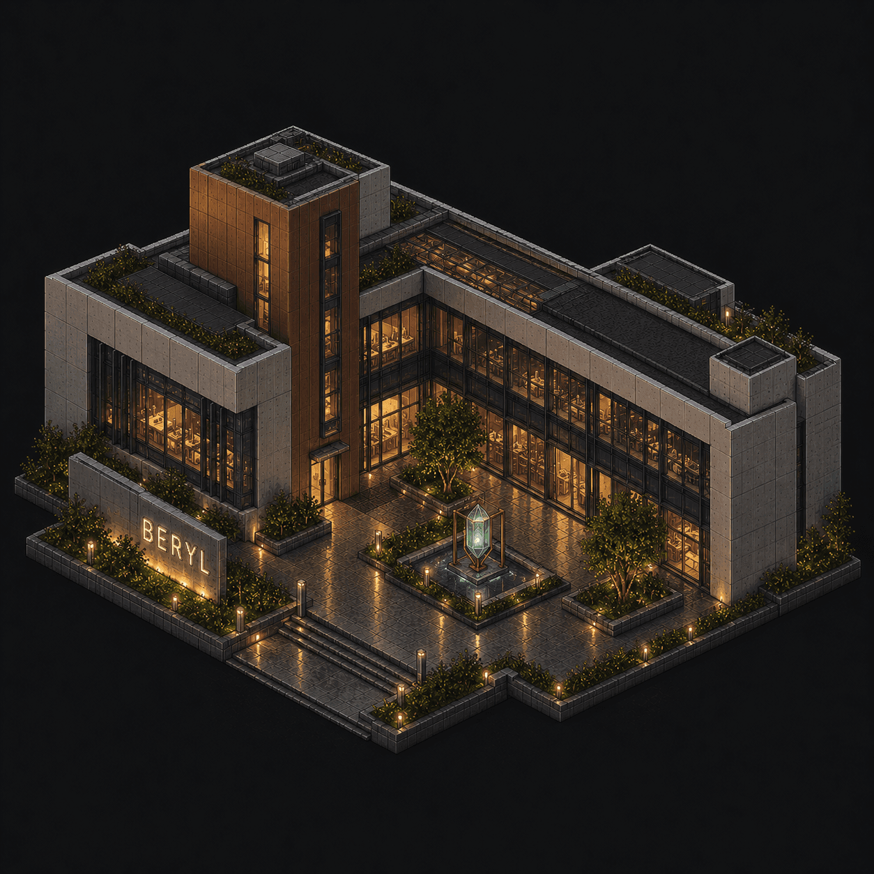 Isometric pixel-art headquarters of Beryl