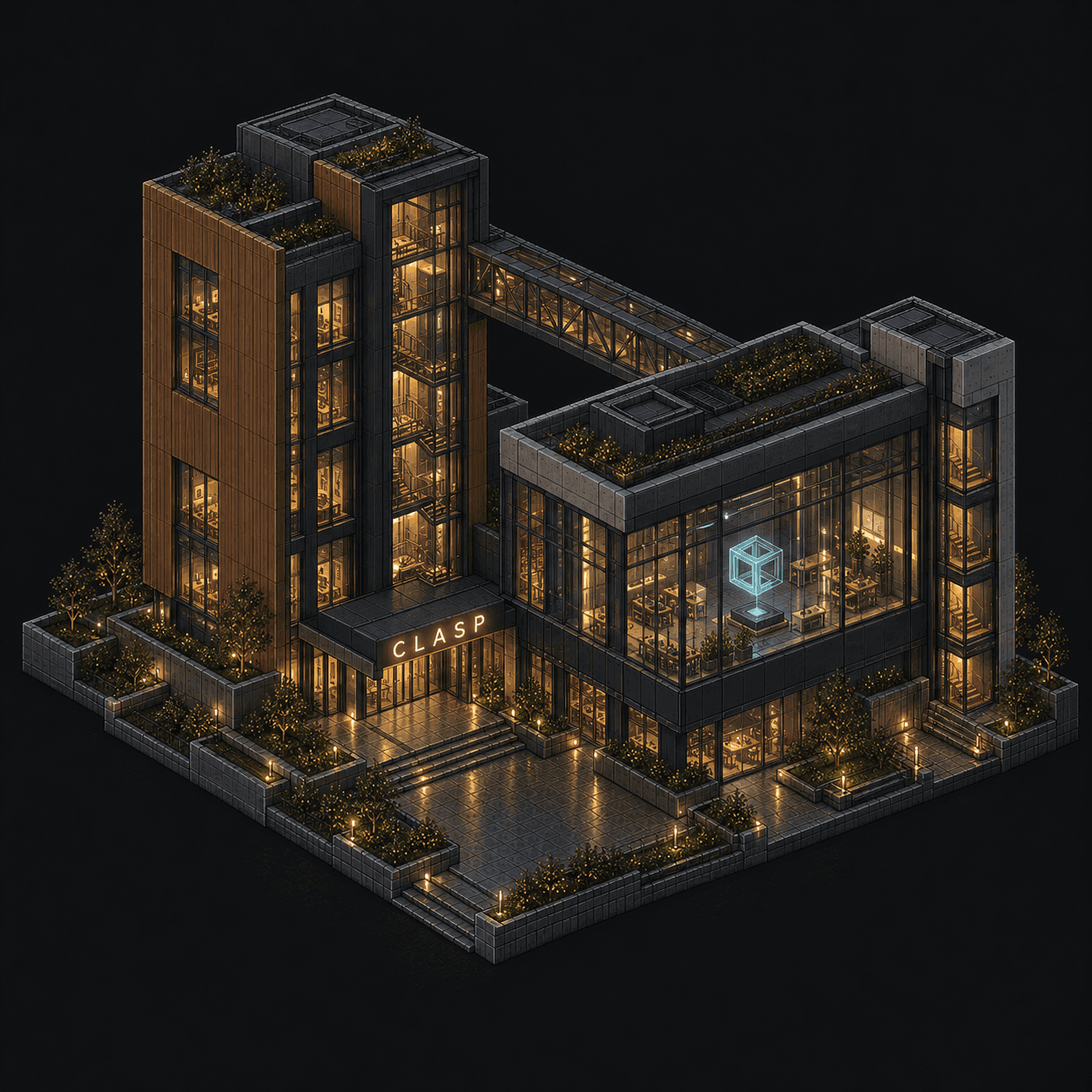 Isometric pixel-art headquarters of Clasp