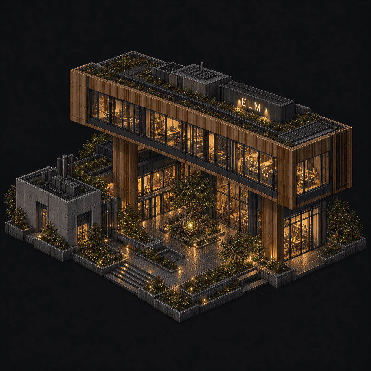 Isometric pixel-art headquarters of Elm