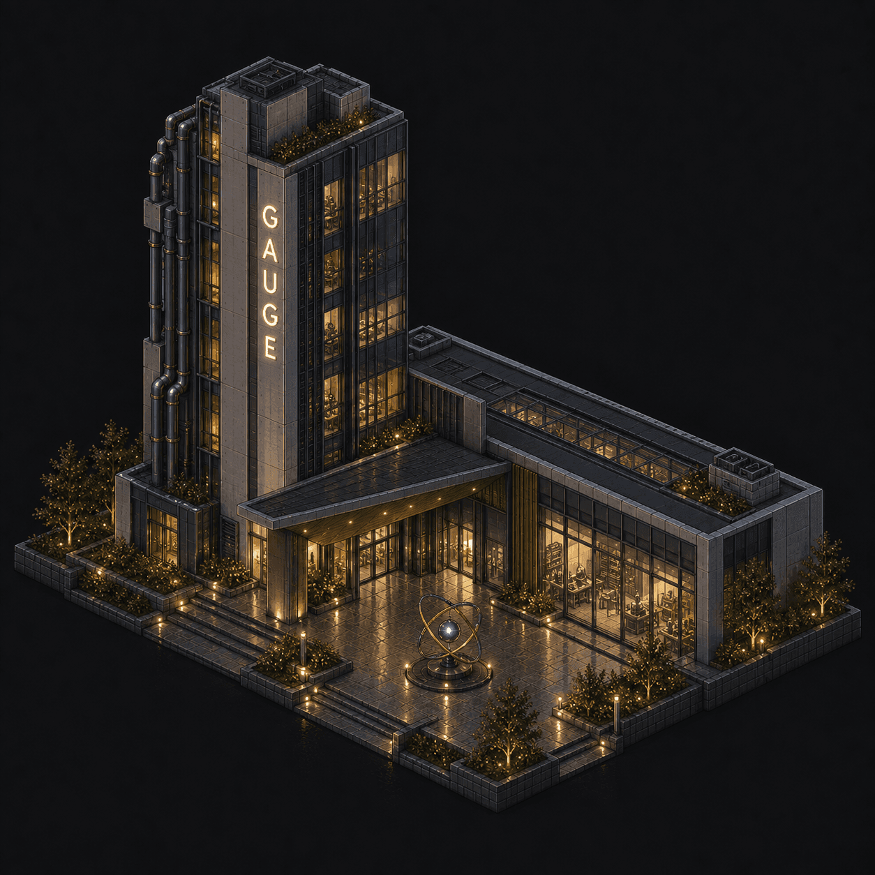 Isometric pixel-art headquarters of Gauge