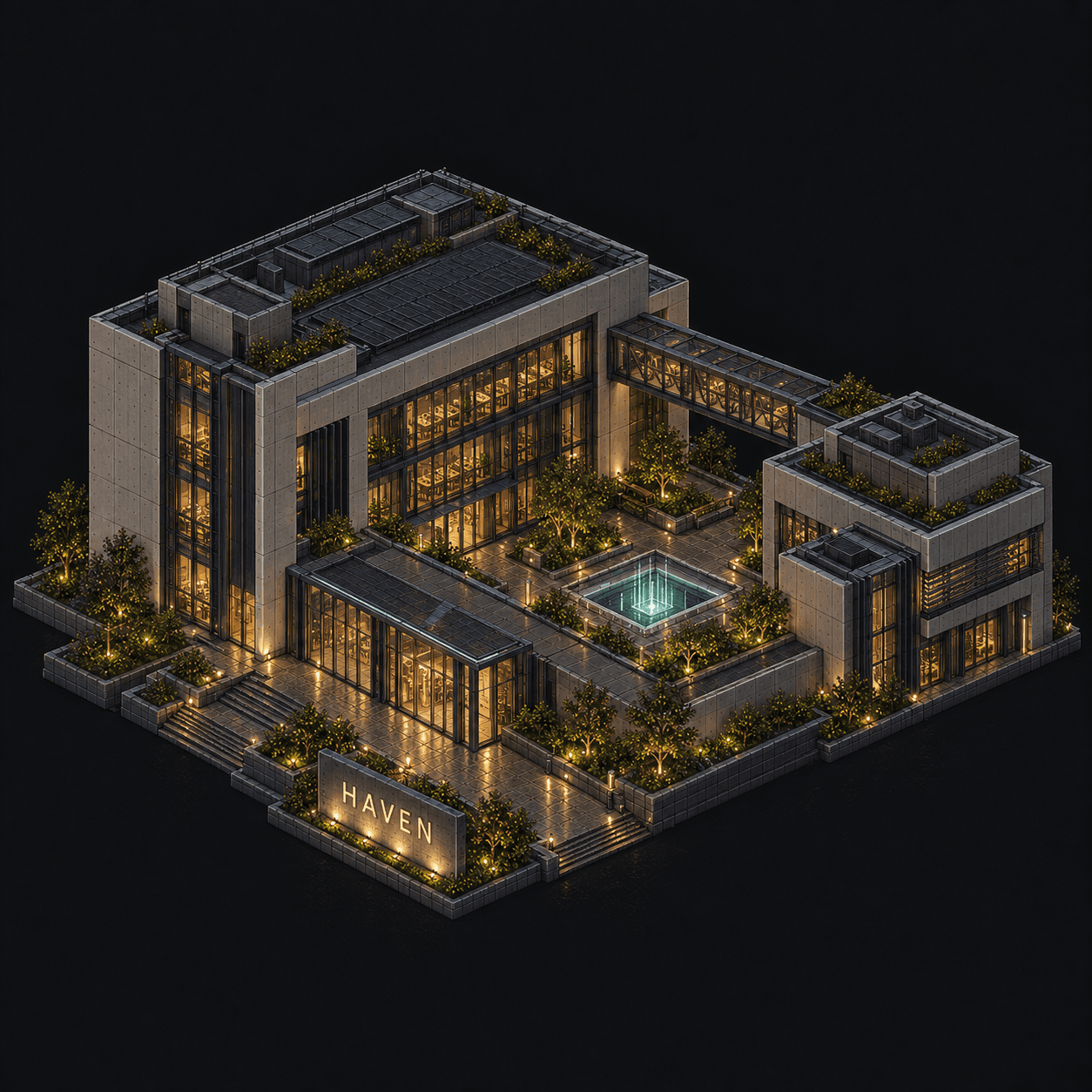 Isometric pixel-art headquarters of Haven