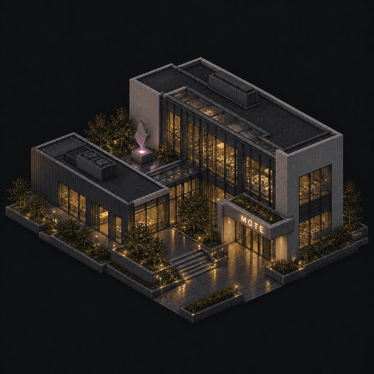 Isometric pixel-art headquarters of Mote