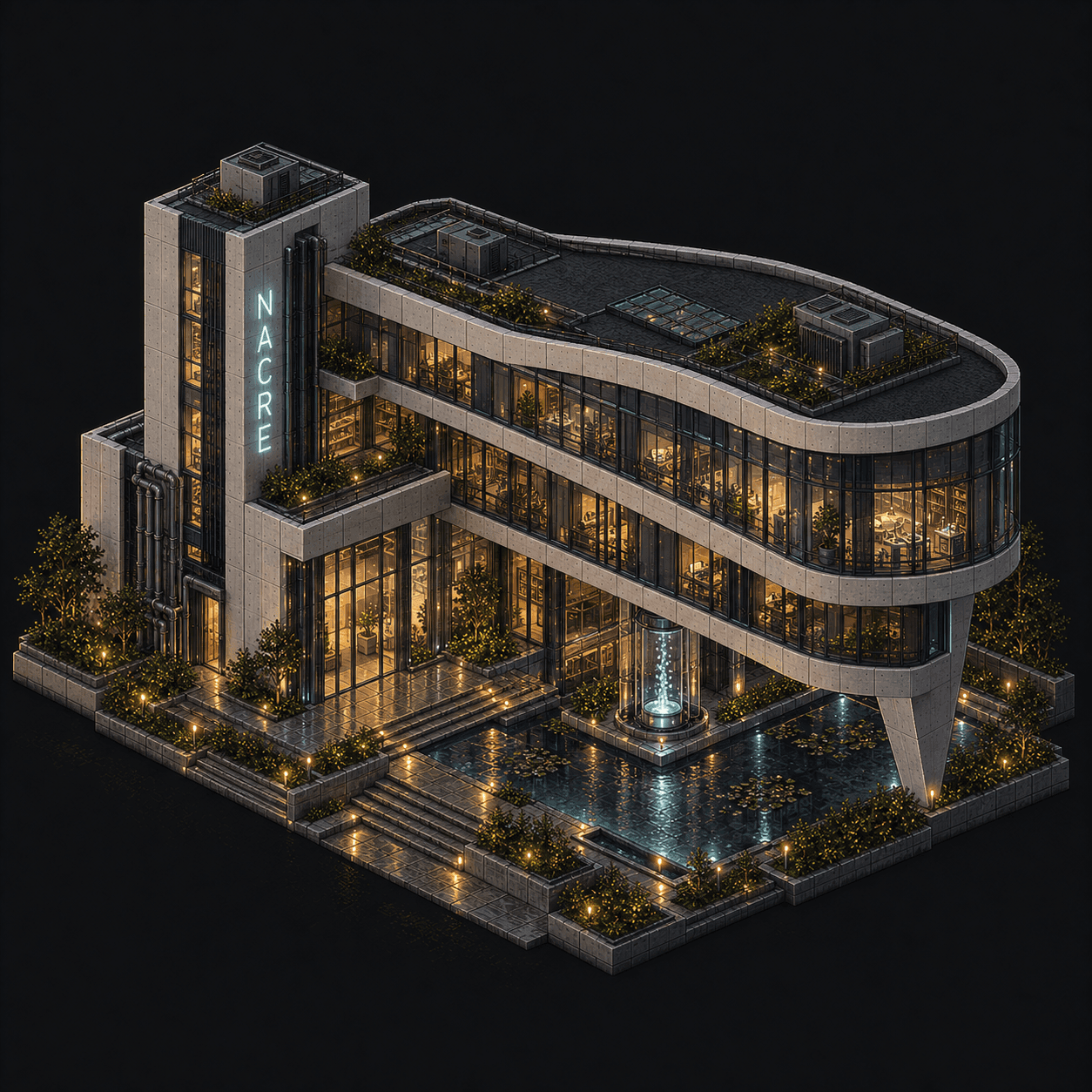 Isometric pixel-art headquarters of Nacre