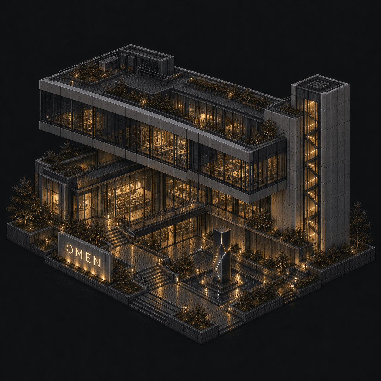 Isometric pixel-art headquarters of Omen