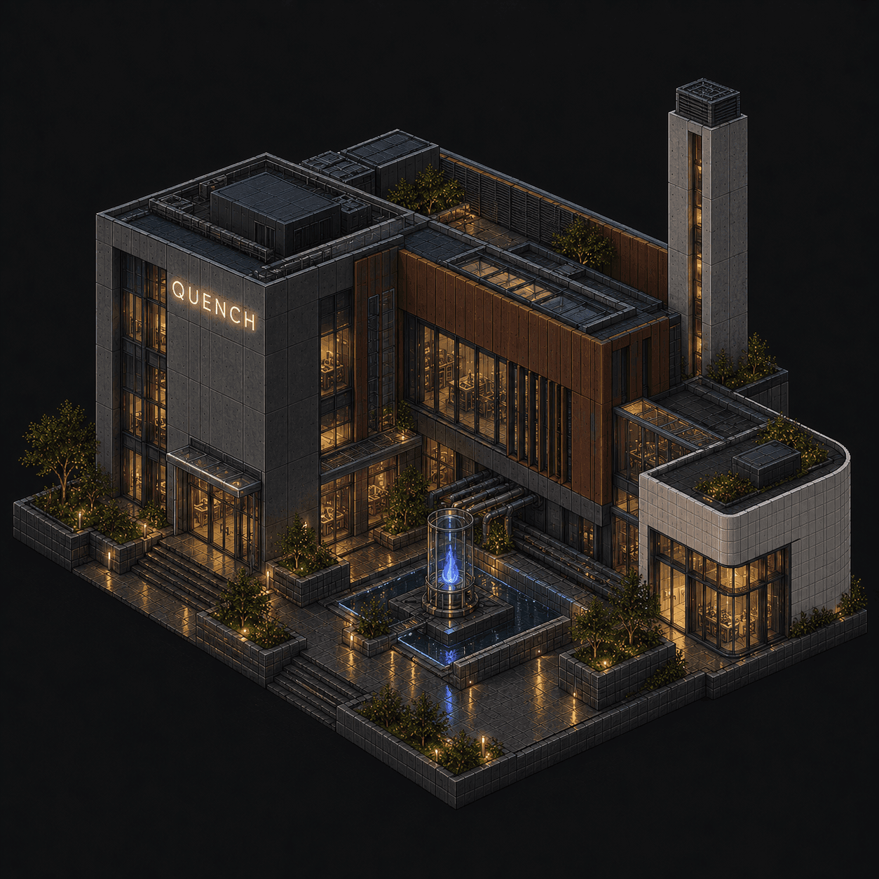 Isometric pixel-art headquarters of Quench