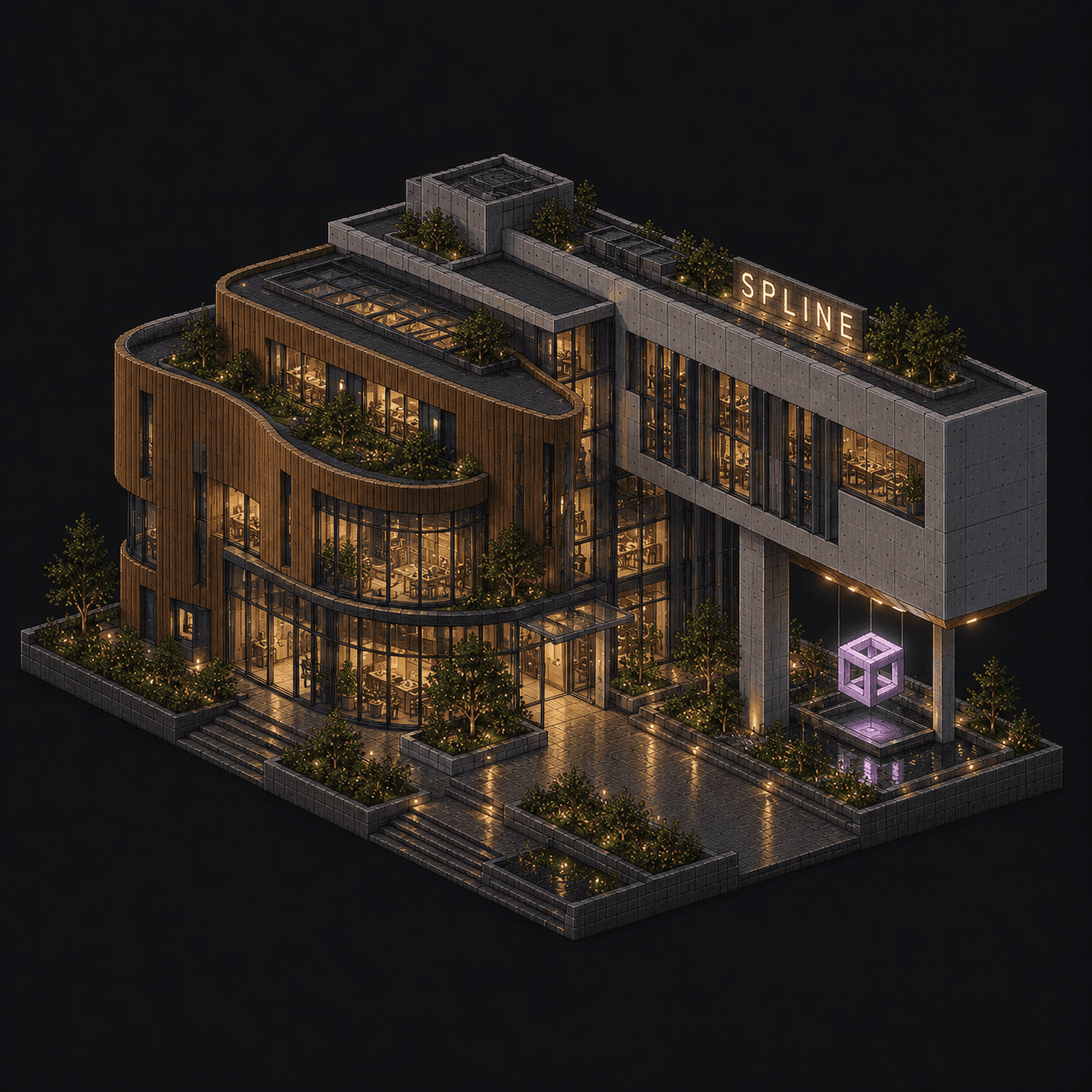 Isometric pixel-art headquarters of Spline