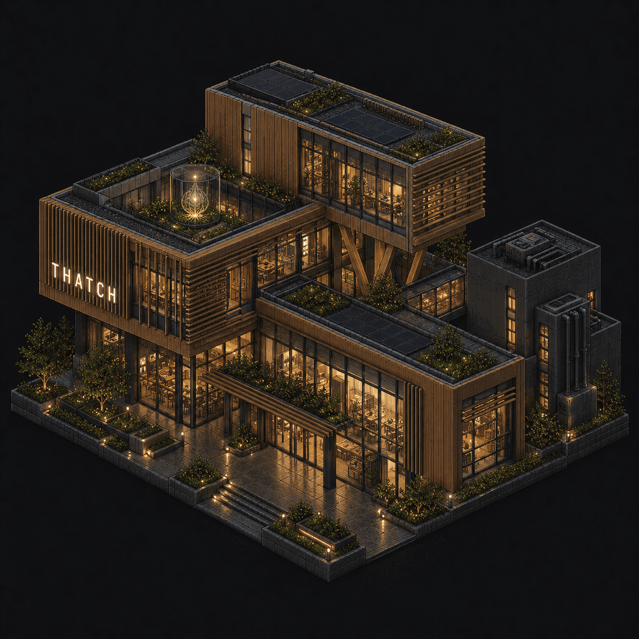 Isometric pixel-art headquarters of Thatch