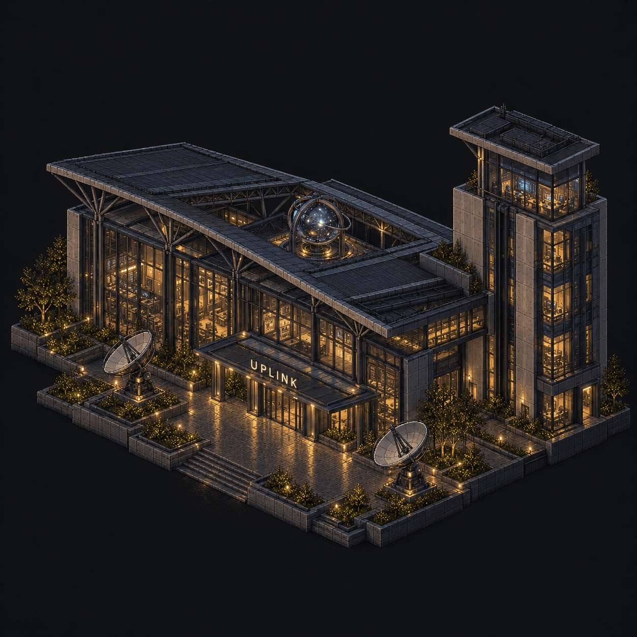 Isometric pixel-art headquarters of Uplink