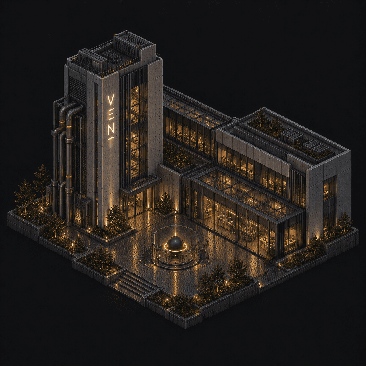 Isometric pixel-art headquarters of Vent