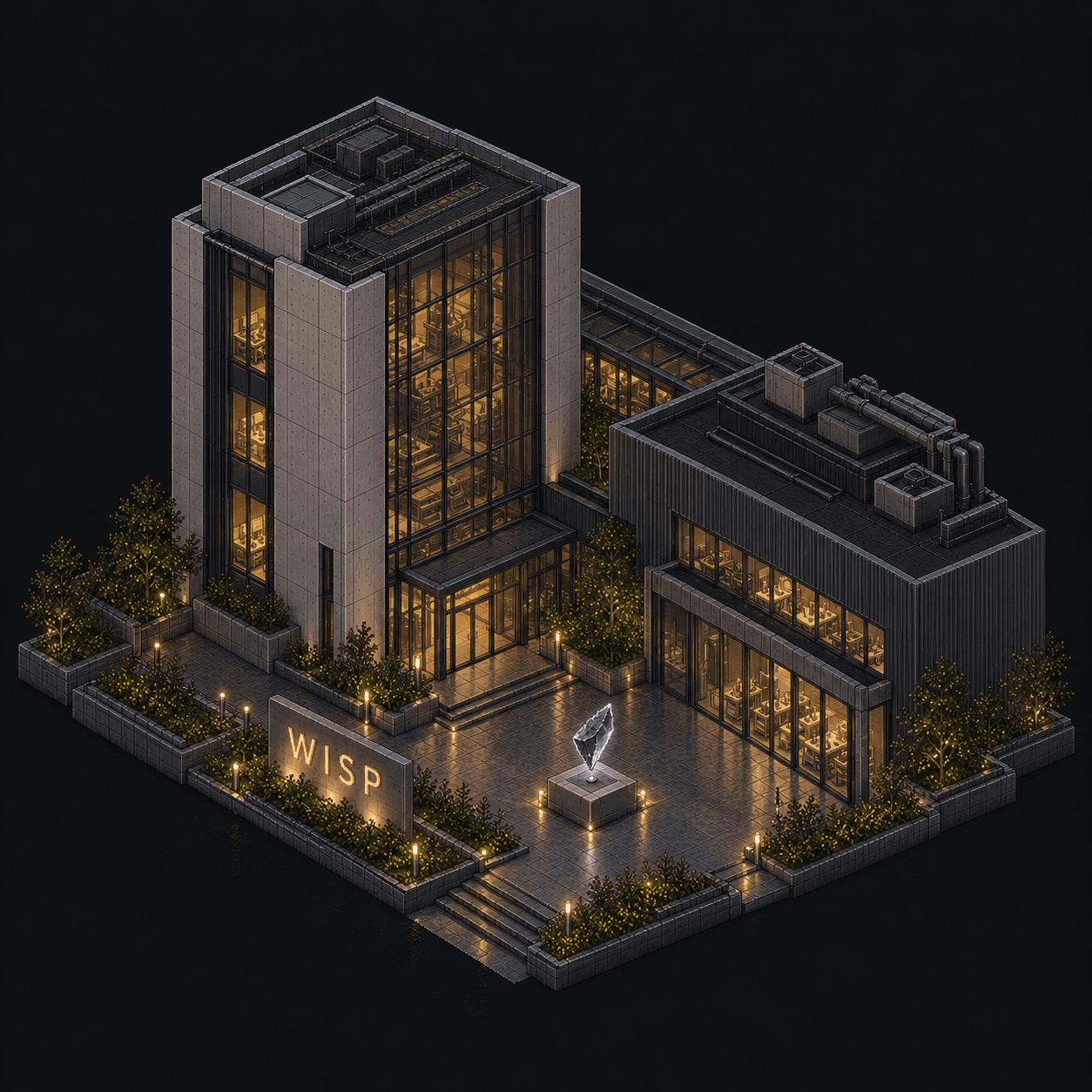 Isometric pixel-art headquarters of Wisp