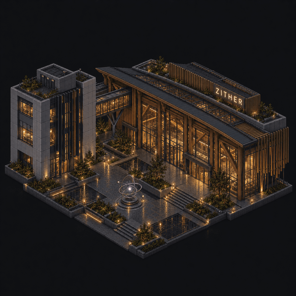 Isometric pixel-art headquarters of Zither