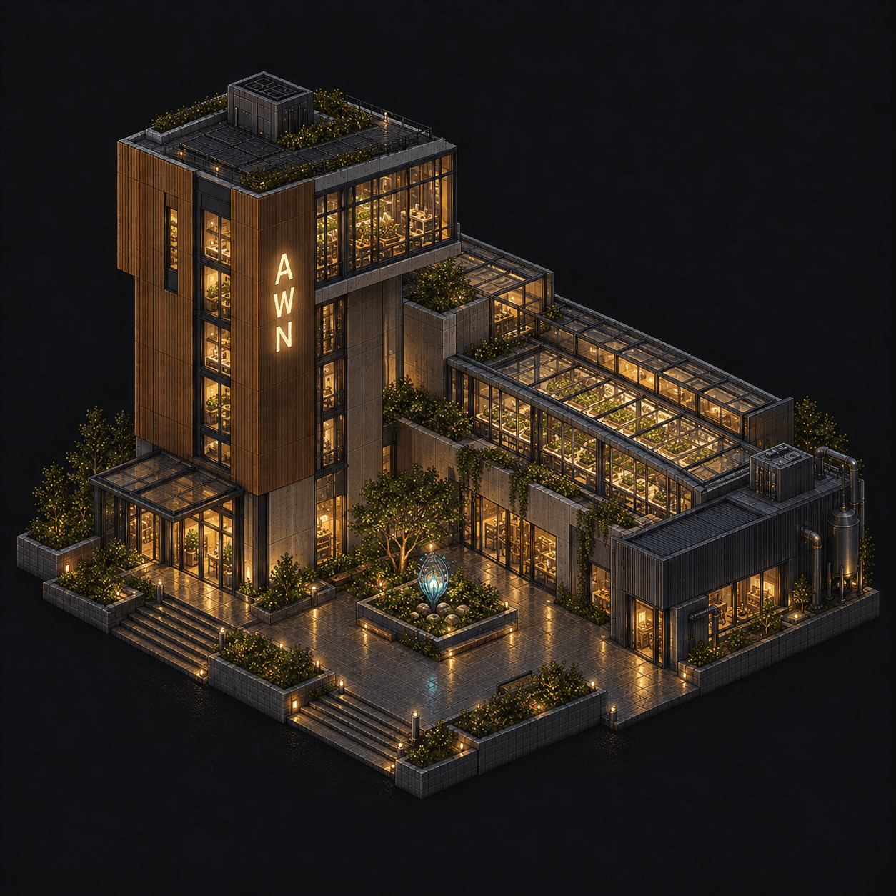 Isometric pixel-art headquarters of Awn