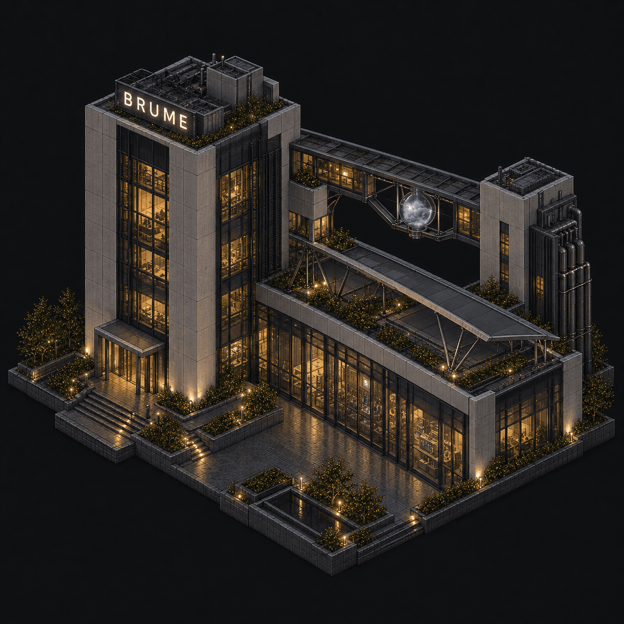 Isometric pixel-art headquarters of Brume