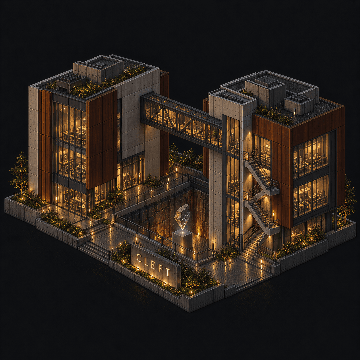 Isometric pixel-art headquarters of Cleft