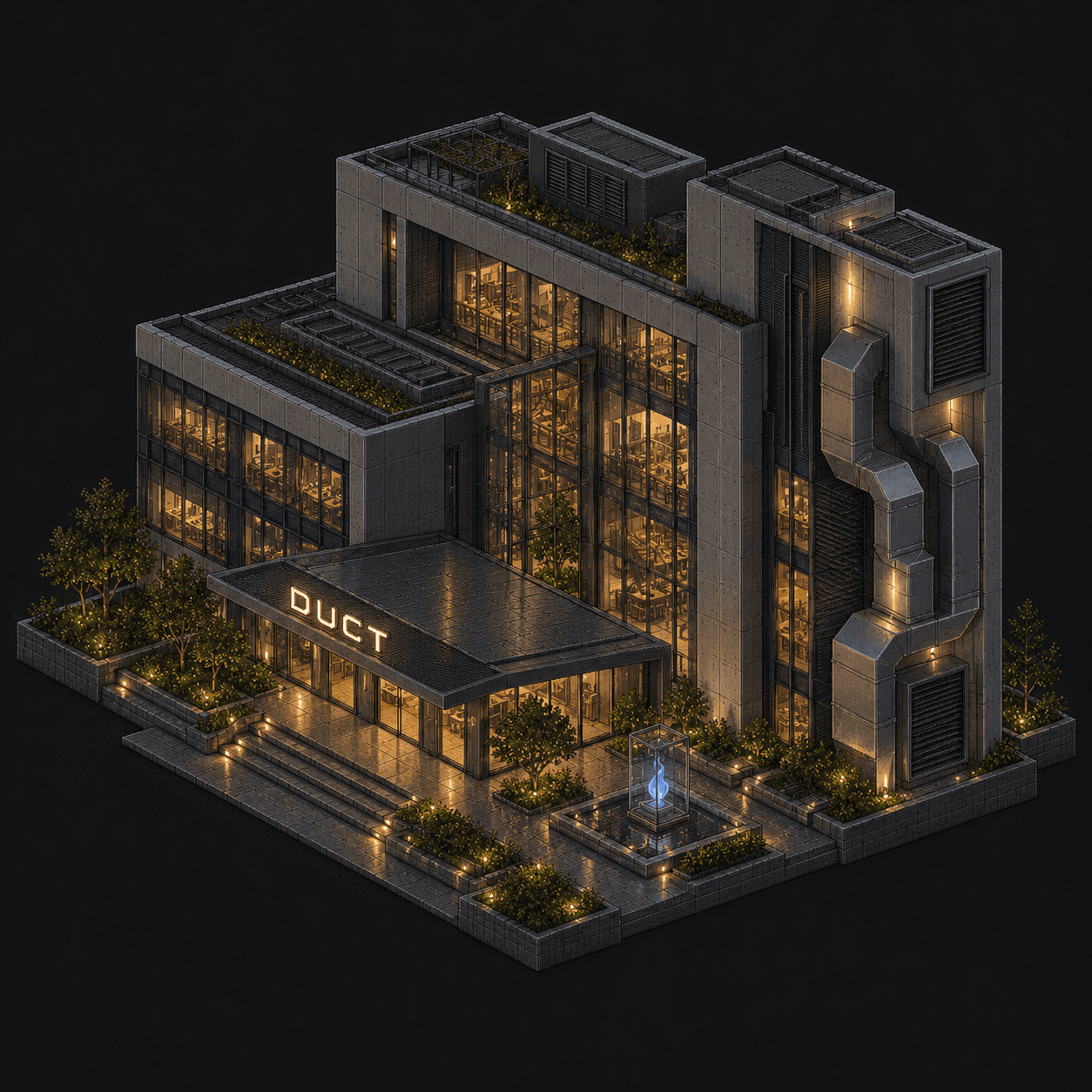 Isometric pixel-art headquarters of Duct