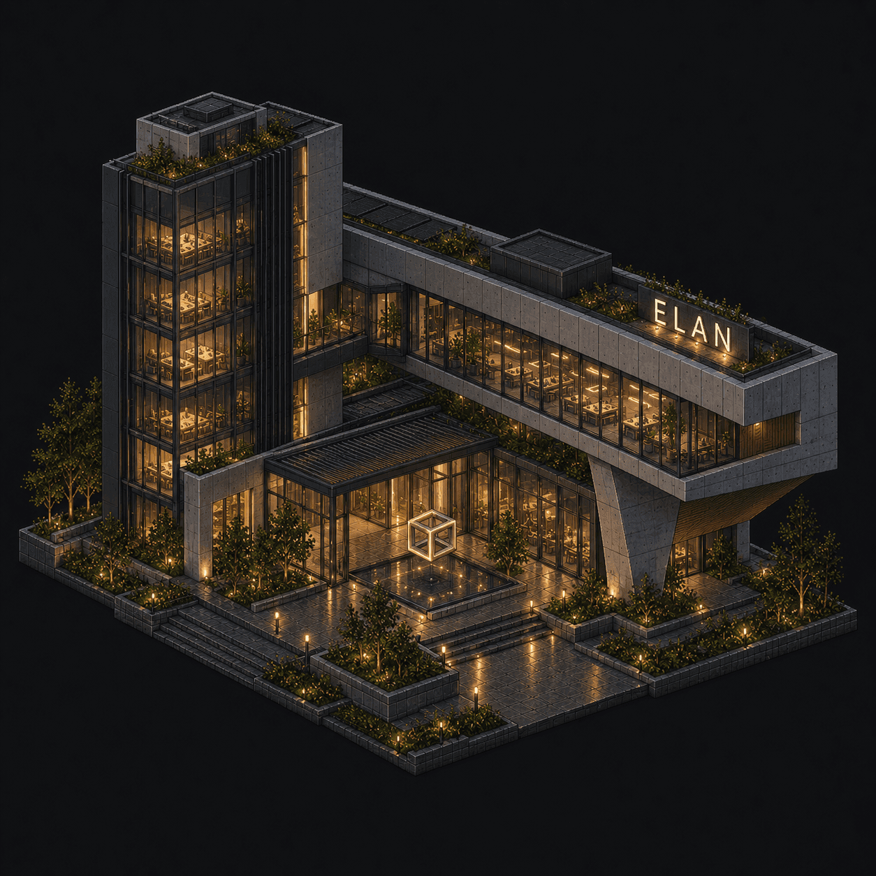 Isometric pixel-art headquarters of Elan