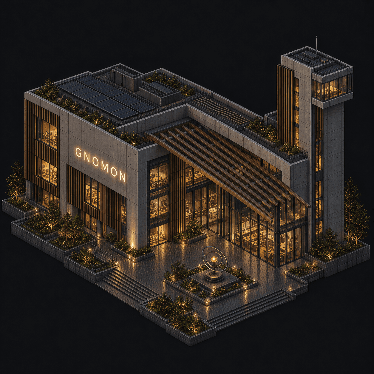 Isometric pixel-art headquarters of Gnomon